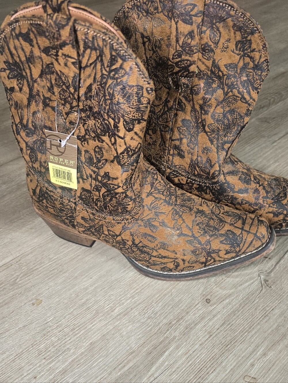 Roper Floral-Print Low Western Boots in Brown and Black Sz 9.5